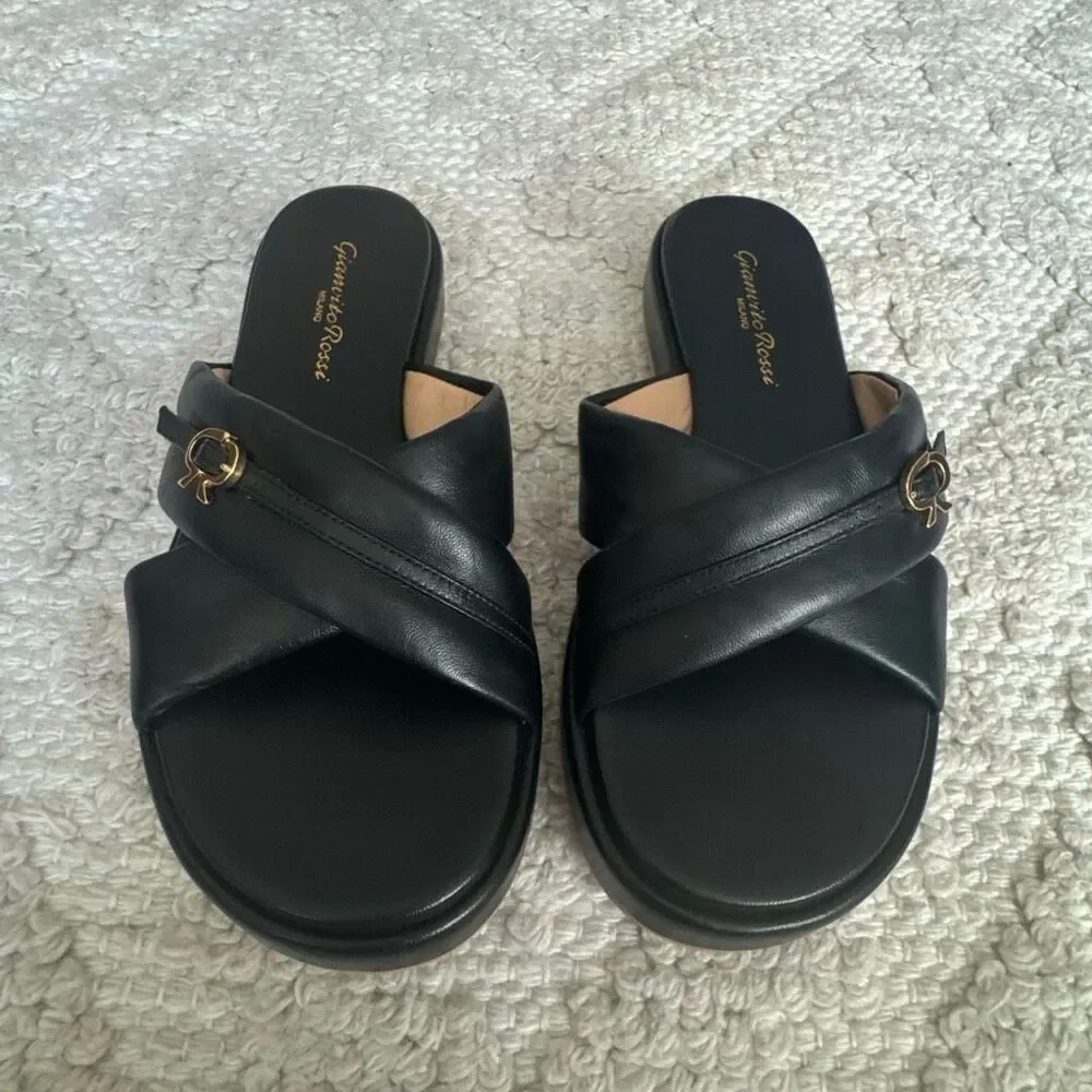 Gianvito Rossi leather cross-strap sandals black size 6.5 new
